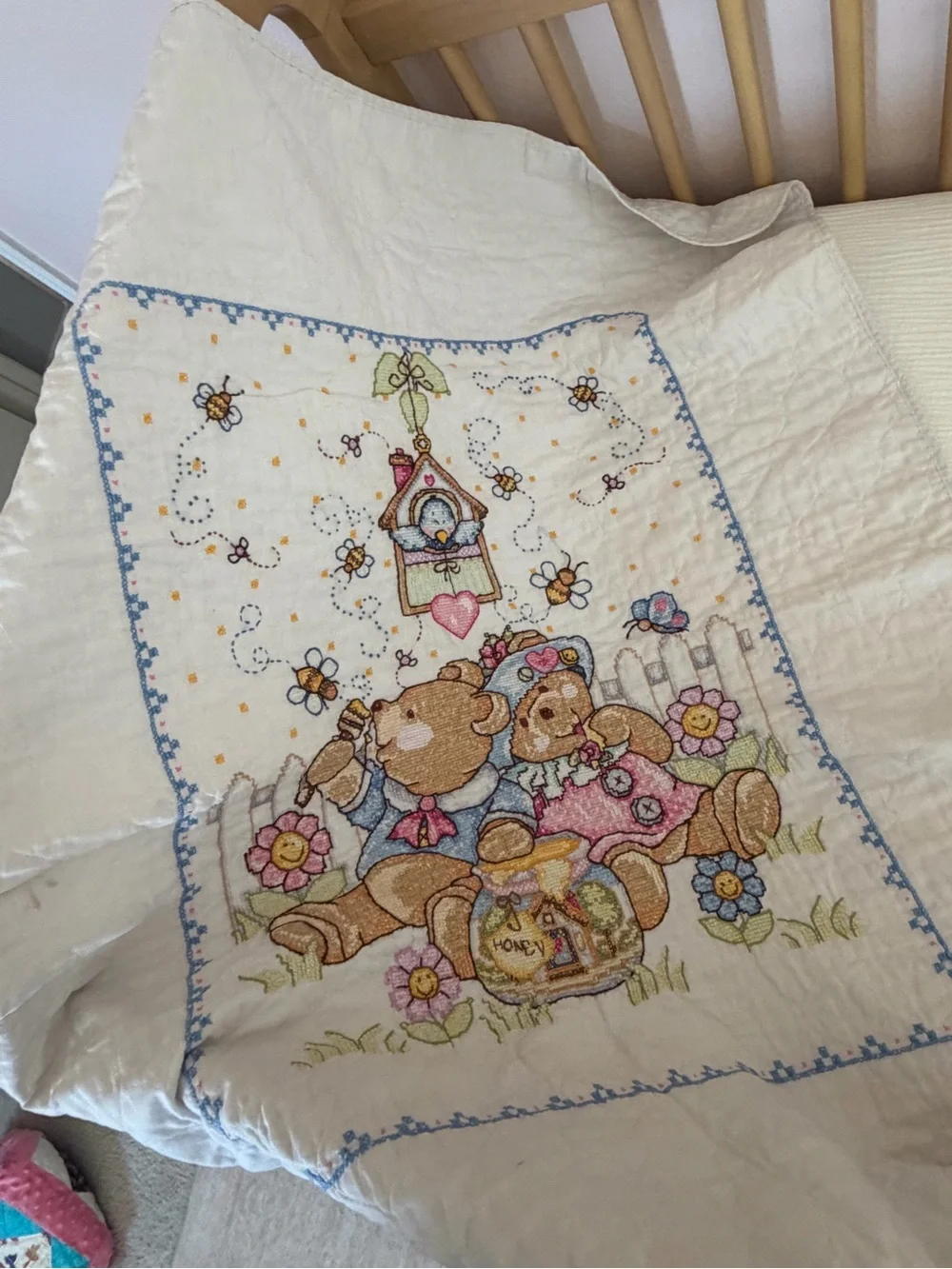 Children's White Quilted Bedding with Pastel Bear Embroidery